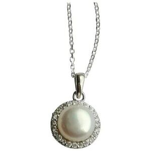 White cultured pearl pendant necklace with cz halo NEW